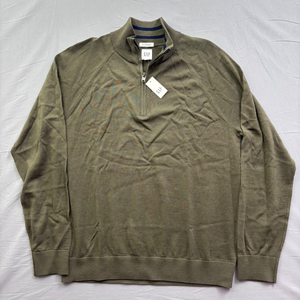 Gap Mens Merino Wool Quarter Zip Sweater Olive Green Mock Neck Large NWT